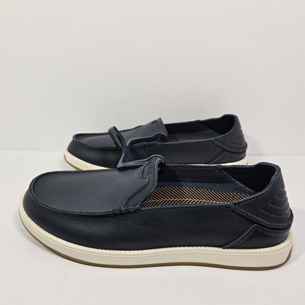 OluKai Kakaha Nia Mens 9.5 Mood Indigo Blue Leather Slip On Shoes Loafers